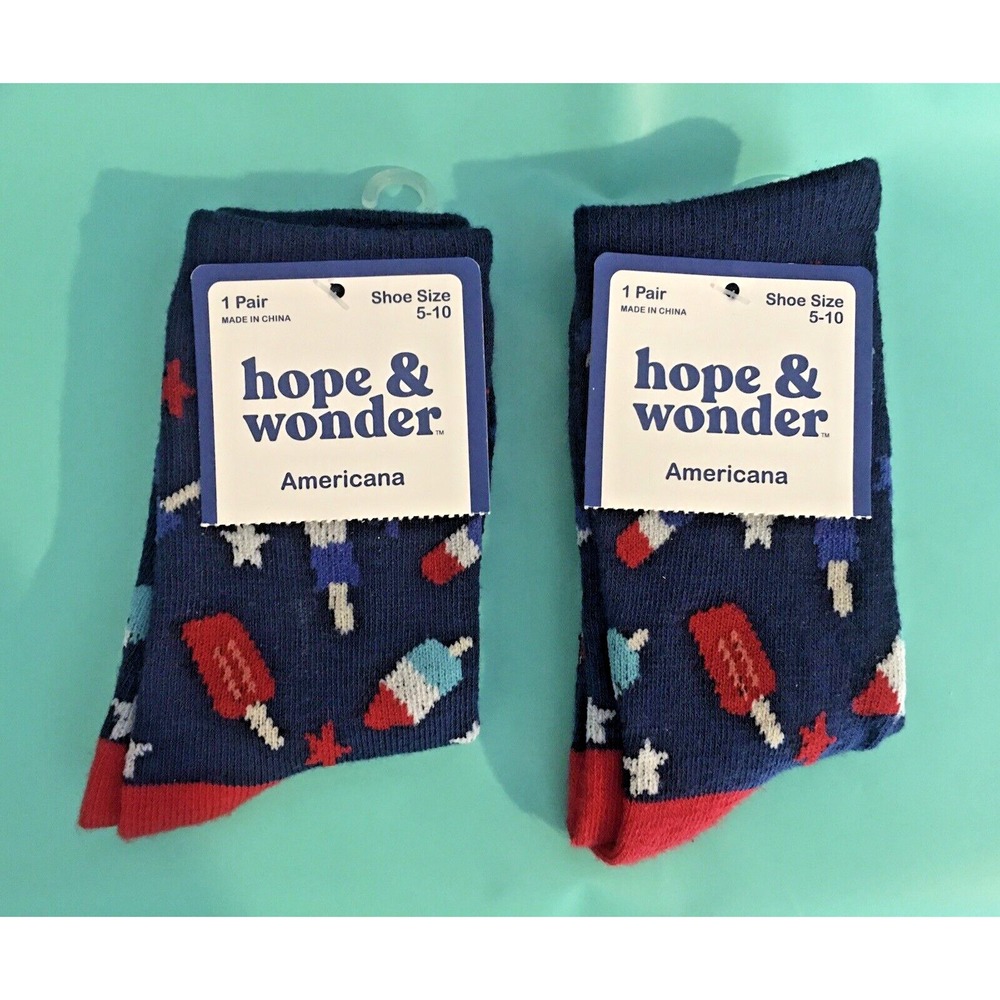 PATRIOTIC AMERICANA POPSICLE CREW SOCKS KID'S SIZE 5-10 NWT HOPE & WONDER 2 Pair